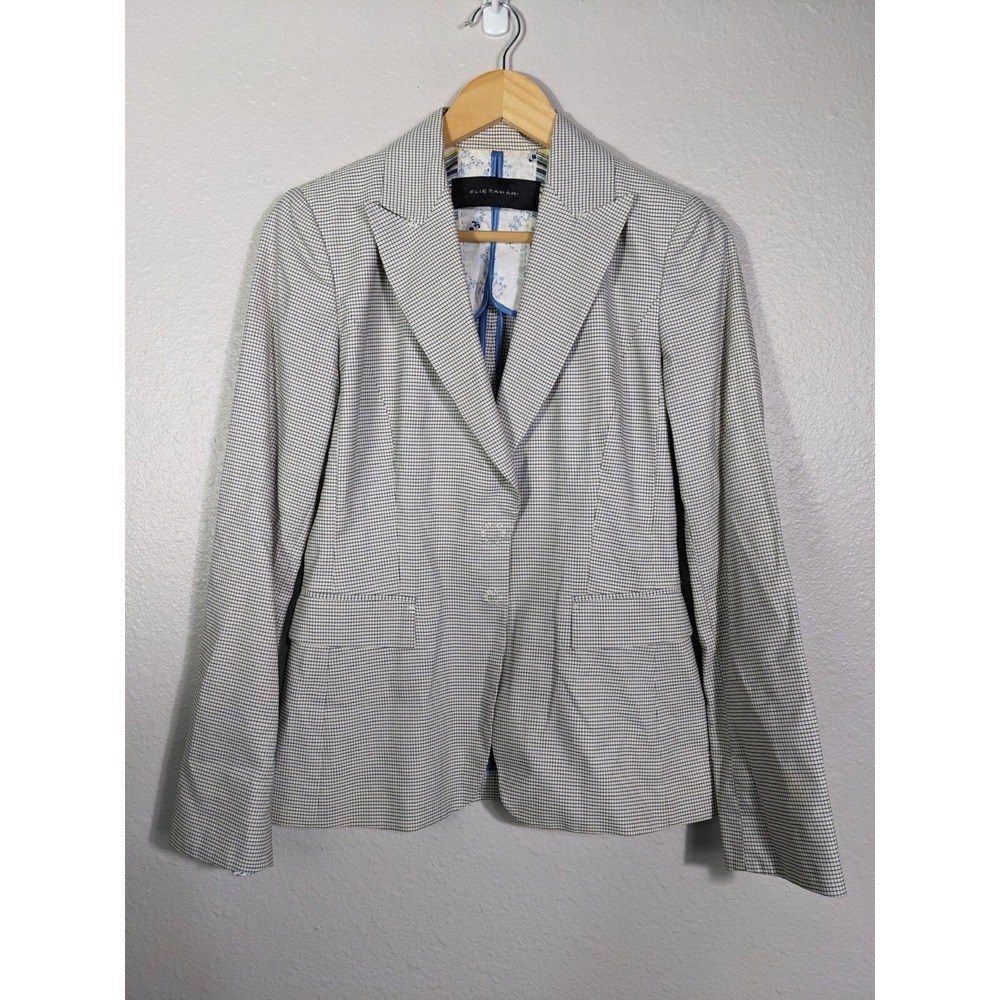 Elie Tahari Size 4 Jacket Blazer Roll Cuff Blue Check Snap Front Women's 101